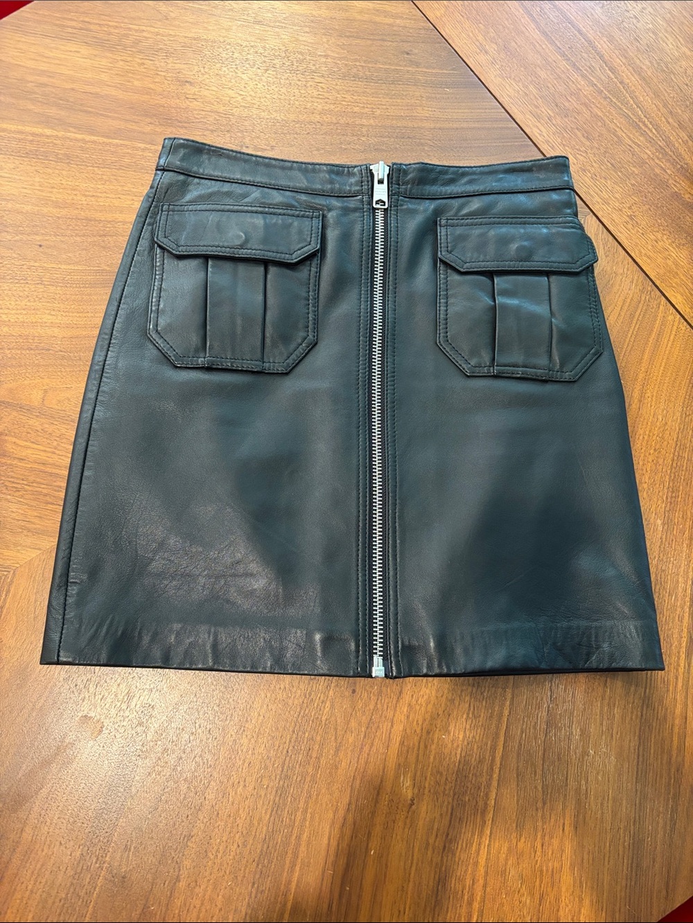 All Saints Black Leather Front-Zip Mini Skirt with Flap Pockets